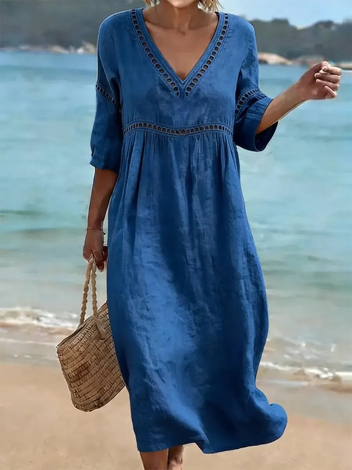 Women's Cotton Dress – V-Neck, Flowing Fit