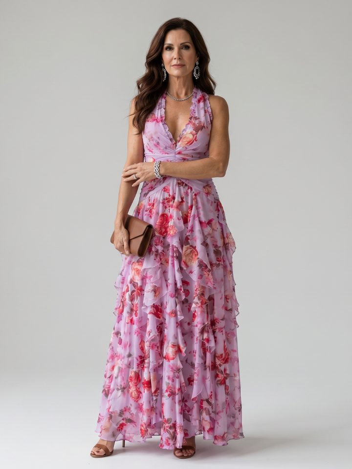 Nori | Halterneck Rynket Bodice Floral Maxi Kjole
