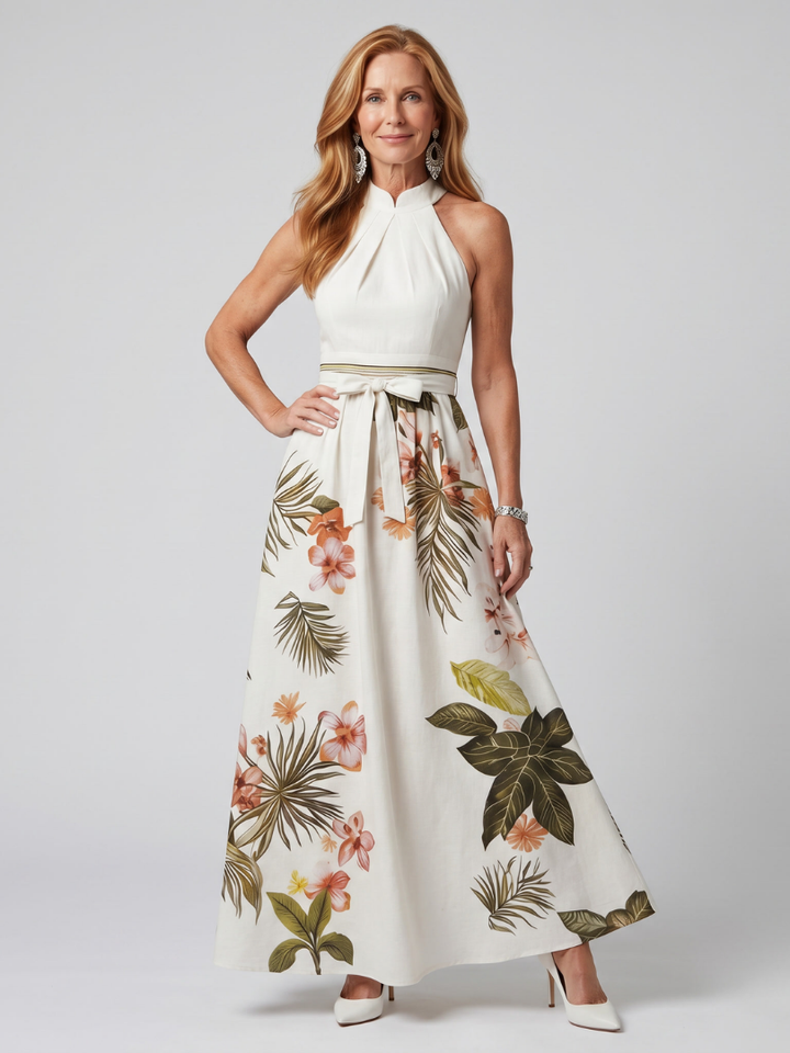 Eng | Draperet Halterneck Botanisk Panel Maxi Kjole