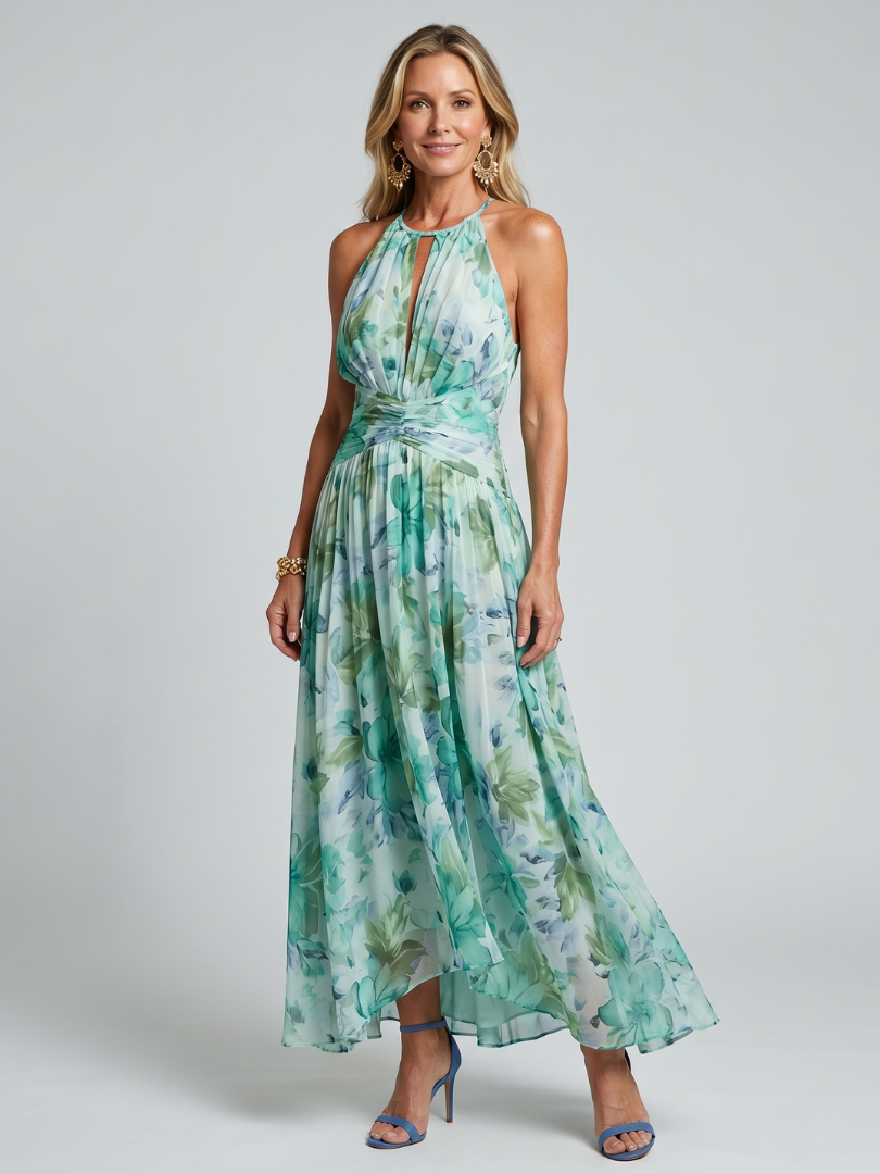 Portia | Plisseret Halter Maxi Kjole med Blødt Blomsterprint