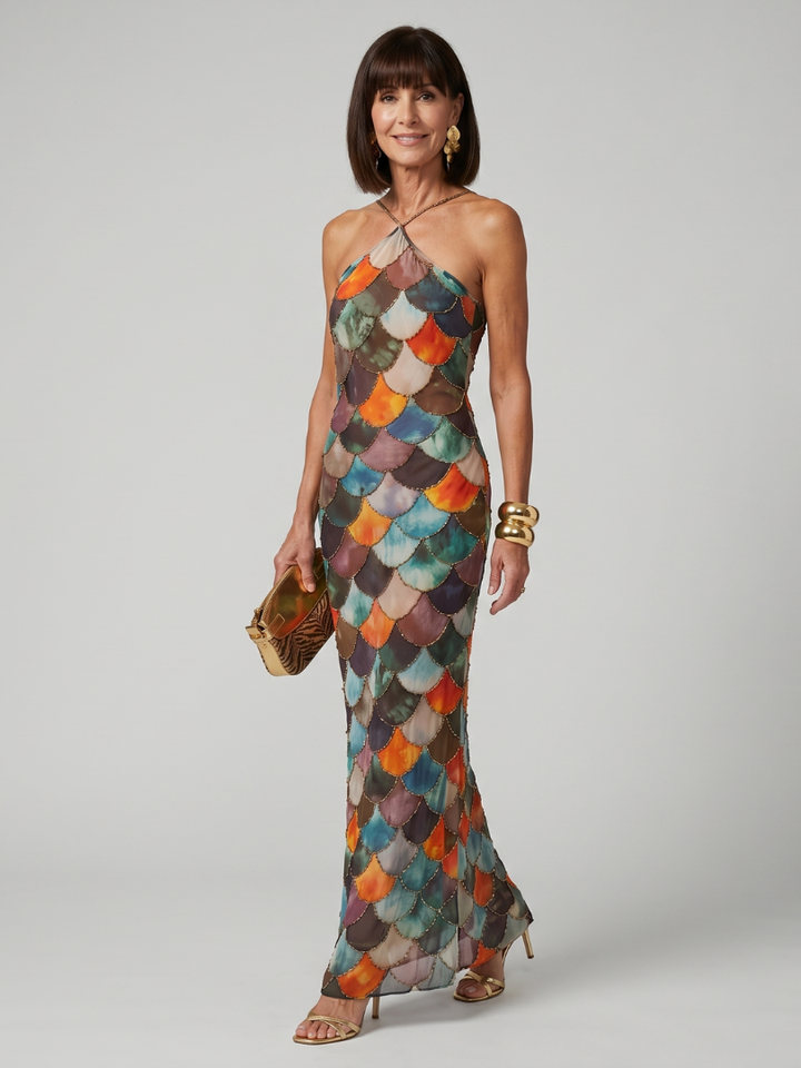 Larkin | Fitted Multicolor Scale Pattern Maxi Kjole
