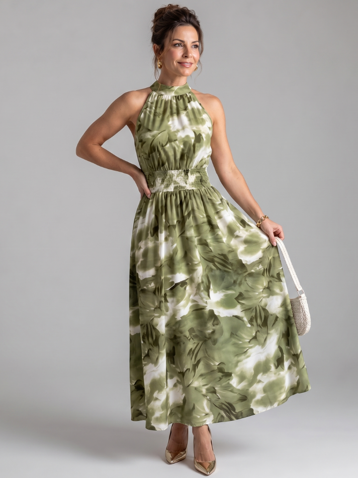 Olivia | Samlet Talje Abstrakt Print Midi Kjole