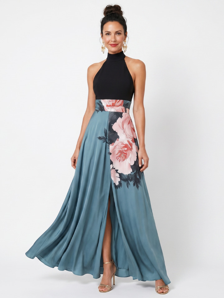Olympas | Halter Bodice Floral Skirt Maxi Kjole