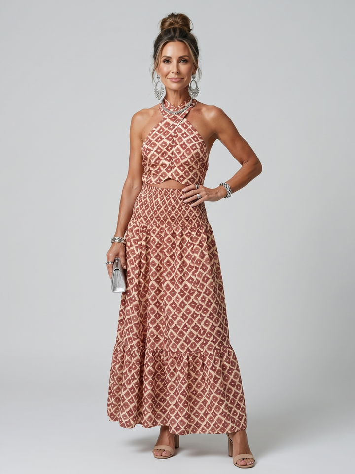Amira | Kryds Halter Geometrisk Print Udsnit Midi Kjole