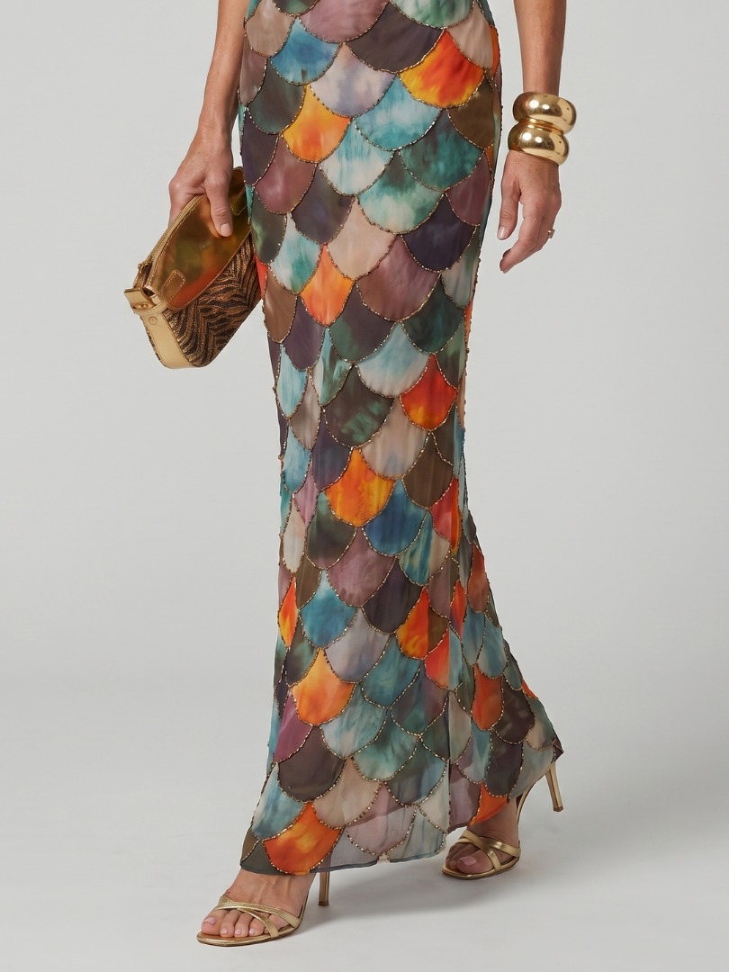 Larkin | Fitted Multicolor Scale Pattern Maxi Kjole