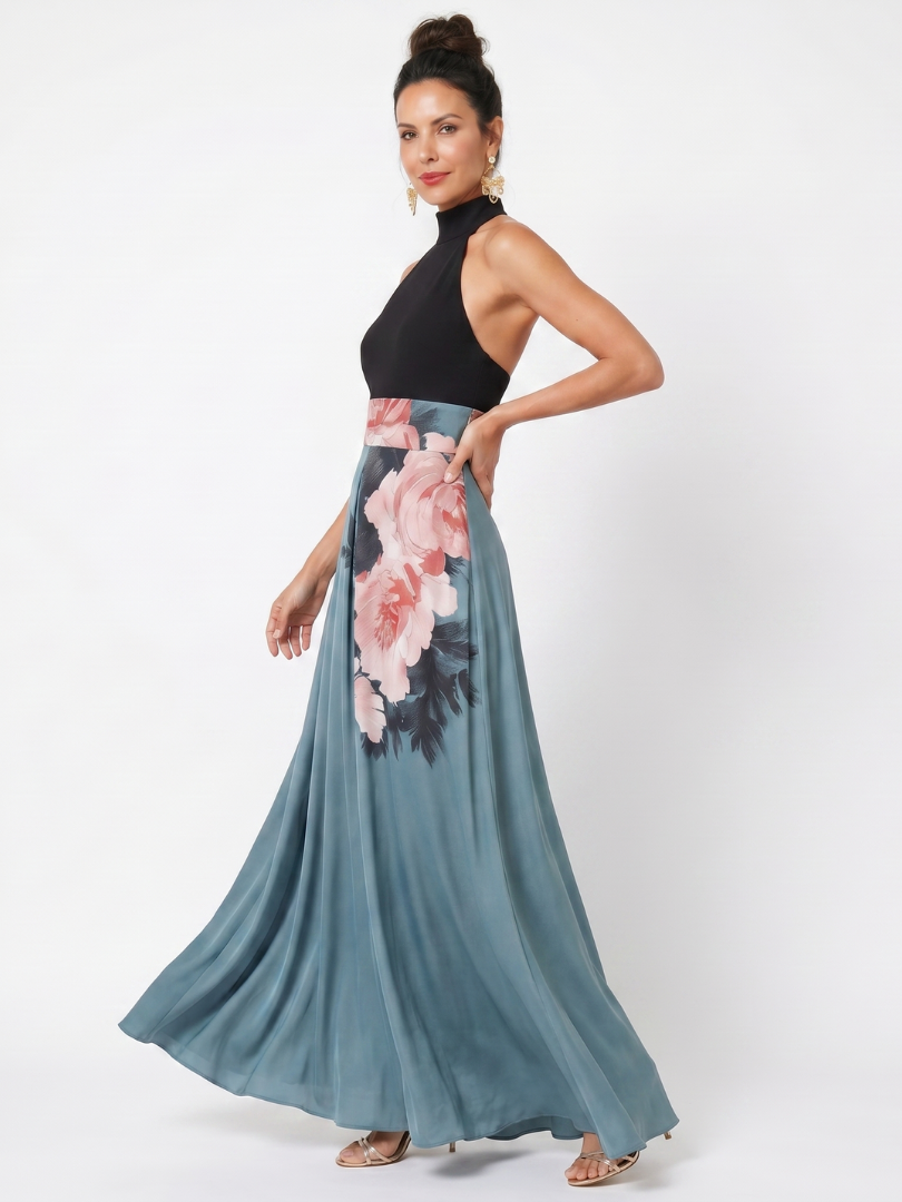 Olympas | Halter Bodice Floral Skirt Maxi Kjole