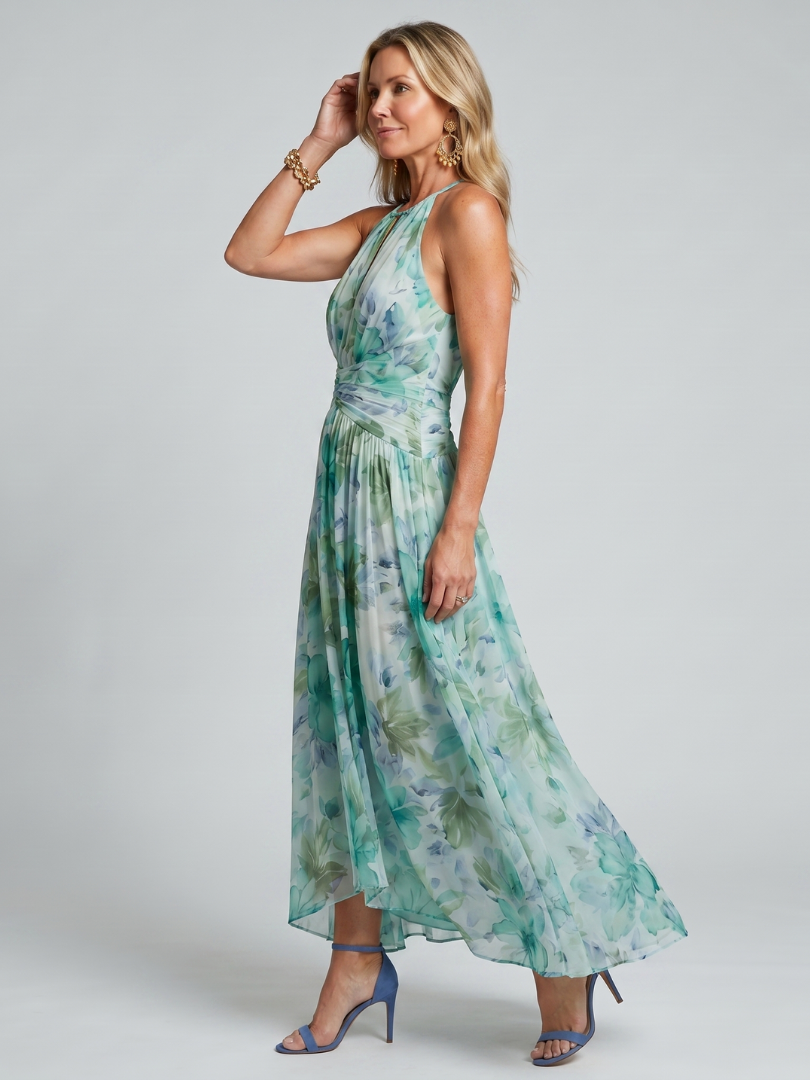 Portia | Plisseret Halter Maxi Kjole med Blødt Blomsterprint