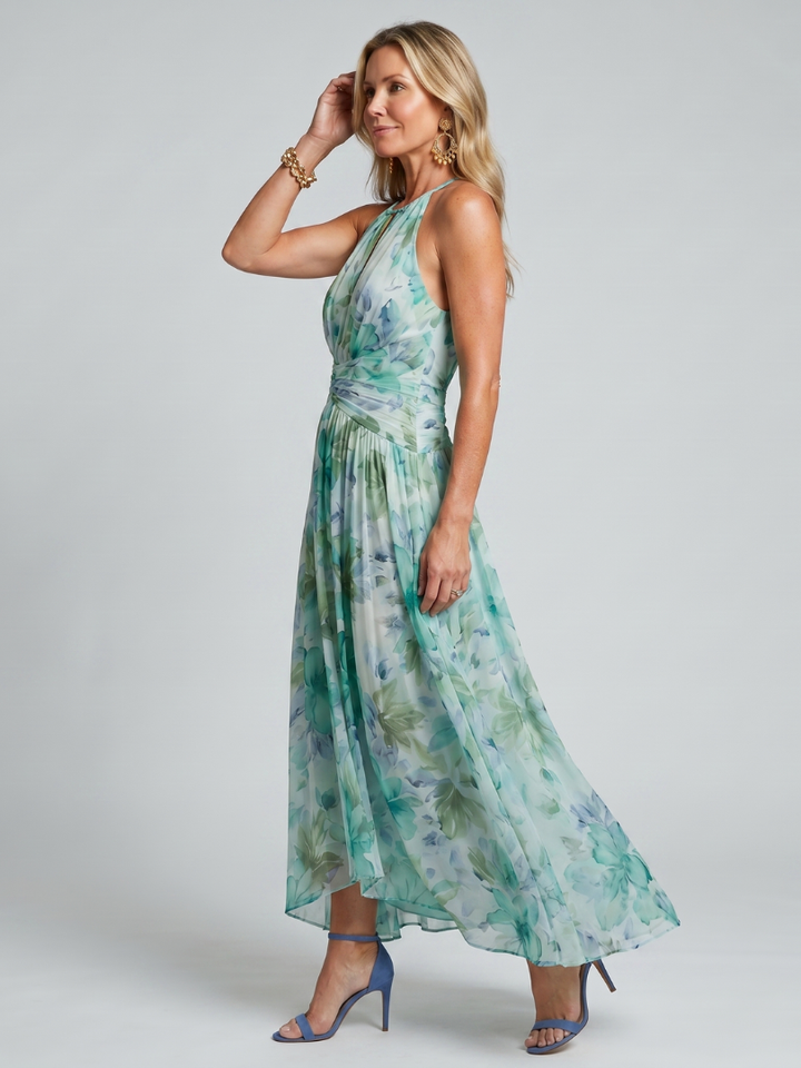 Portia | Plisseret Halter Maxi Kjole med Blødt Blomsterprint
