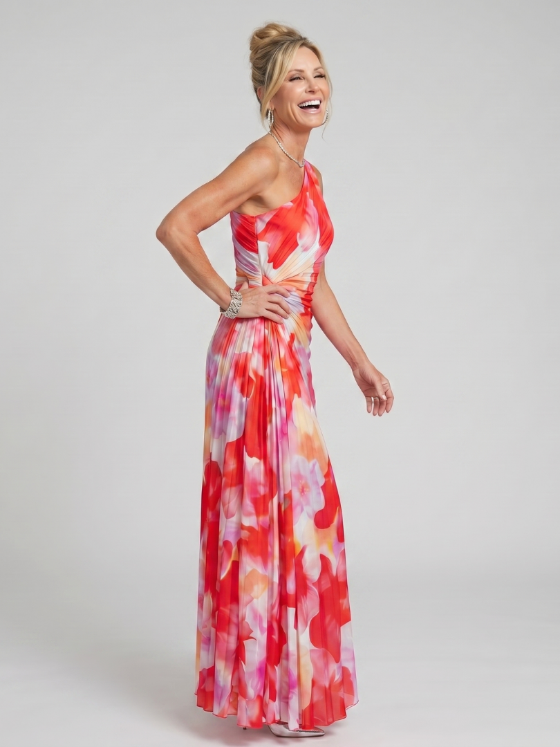 Taya | Midi Kjole med Plejet Bodice og Én Skulder
