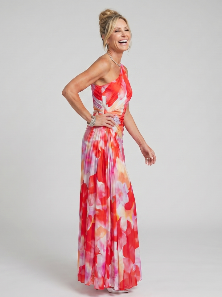 Taya | Midi Kjole med Plejet Bodice og Én Skulder