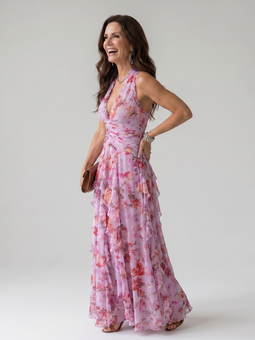 Nori | Halterneck Rynket Bodice Floral Maxi Kjole