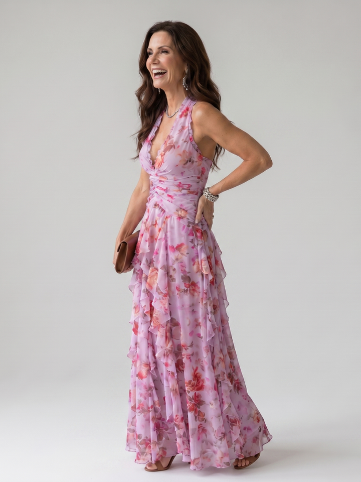 Nori | Halterneck Rynket Bodice Floral Maxi Kjole