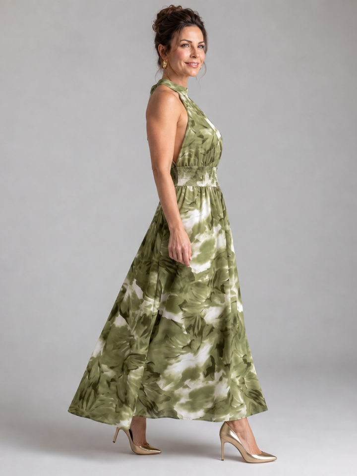 Olivia | Samlet Talje Abstrakt Print Midi Kjole