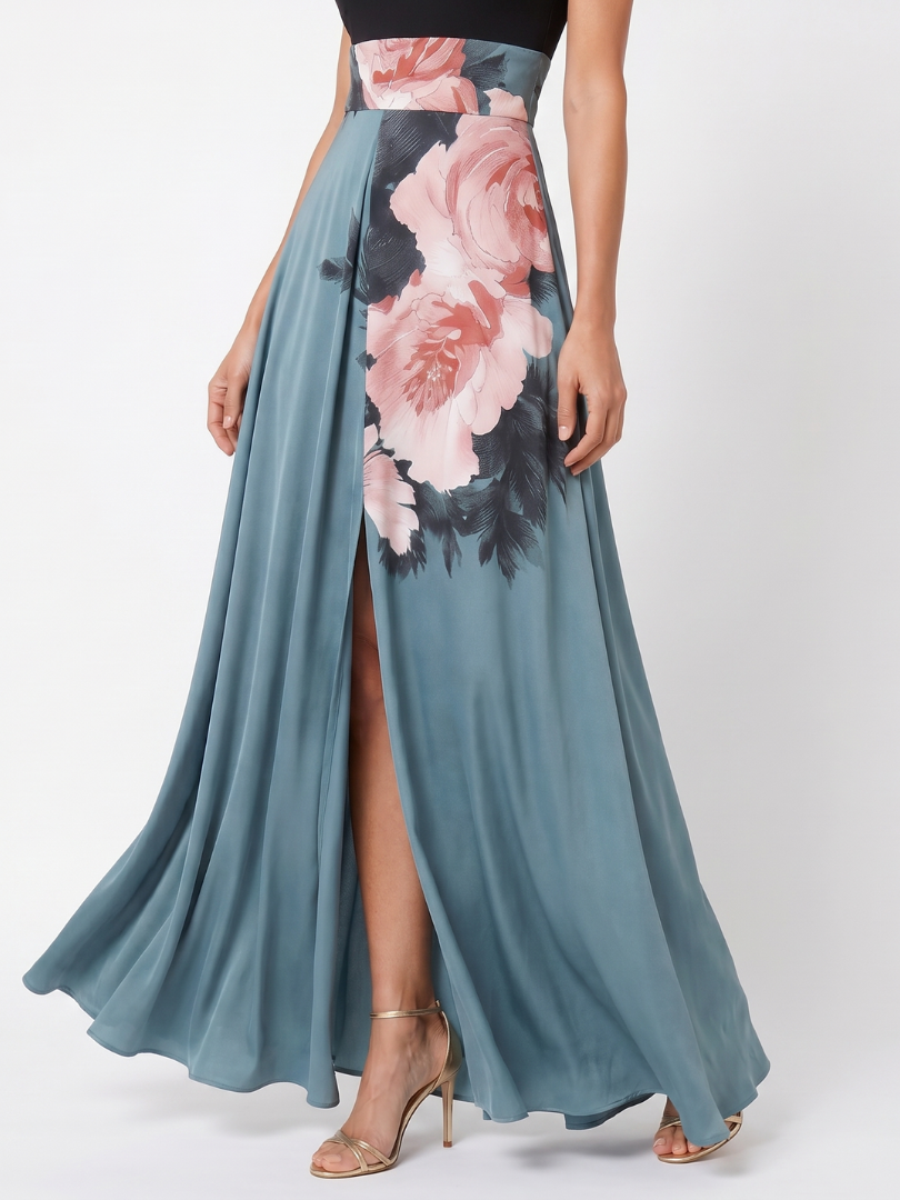 Olympas | Halter Bodice Floral Skirt Maxi Kjole