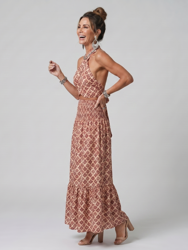 Amira | Kryds Halter Geometrisk Print Udsnit Midi Kjole