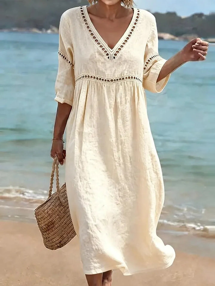 Women's Cotton Dress – V-Neck, Flowing Fit