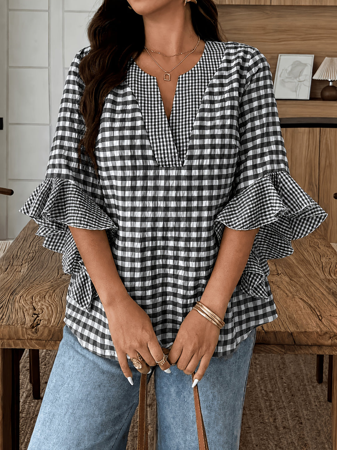 Poppy | Gingham Blouse with Flutter Sleeves