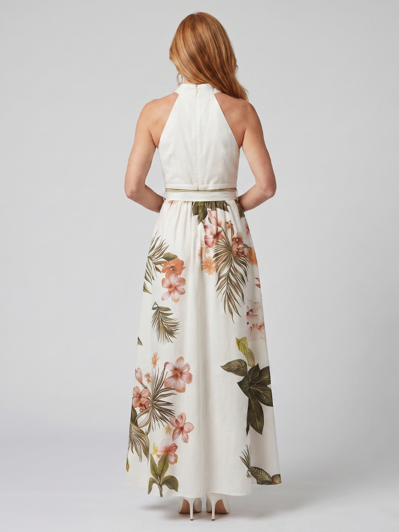 Eng | Draperet Halterneck Botanisk Panel Maxi Kjole