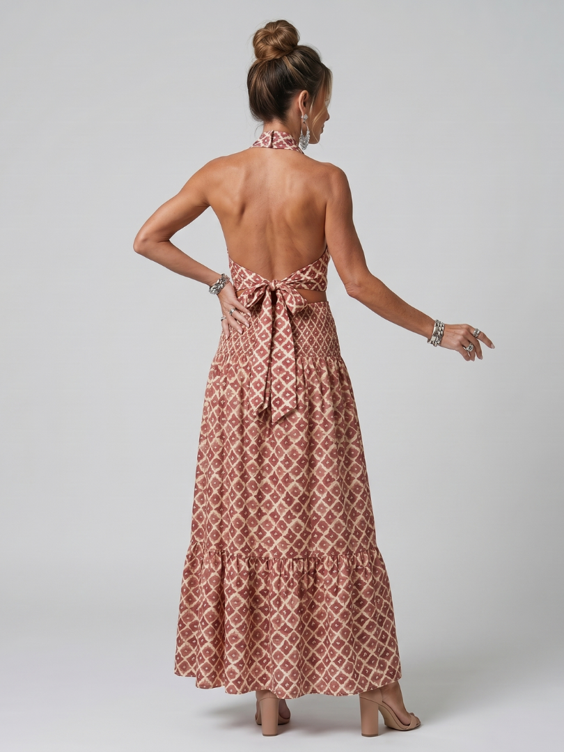 Amira | Kryds Halter Geometrisk Print Udsnit Midi Kjole