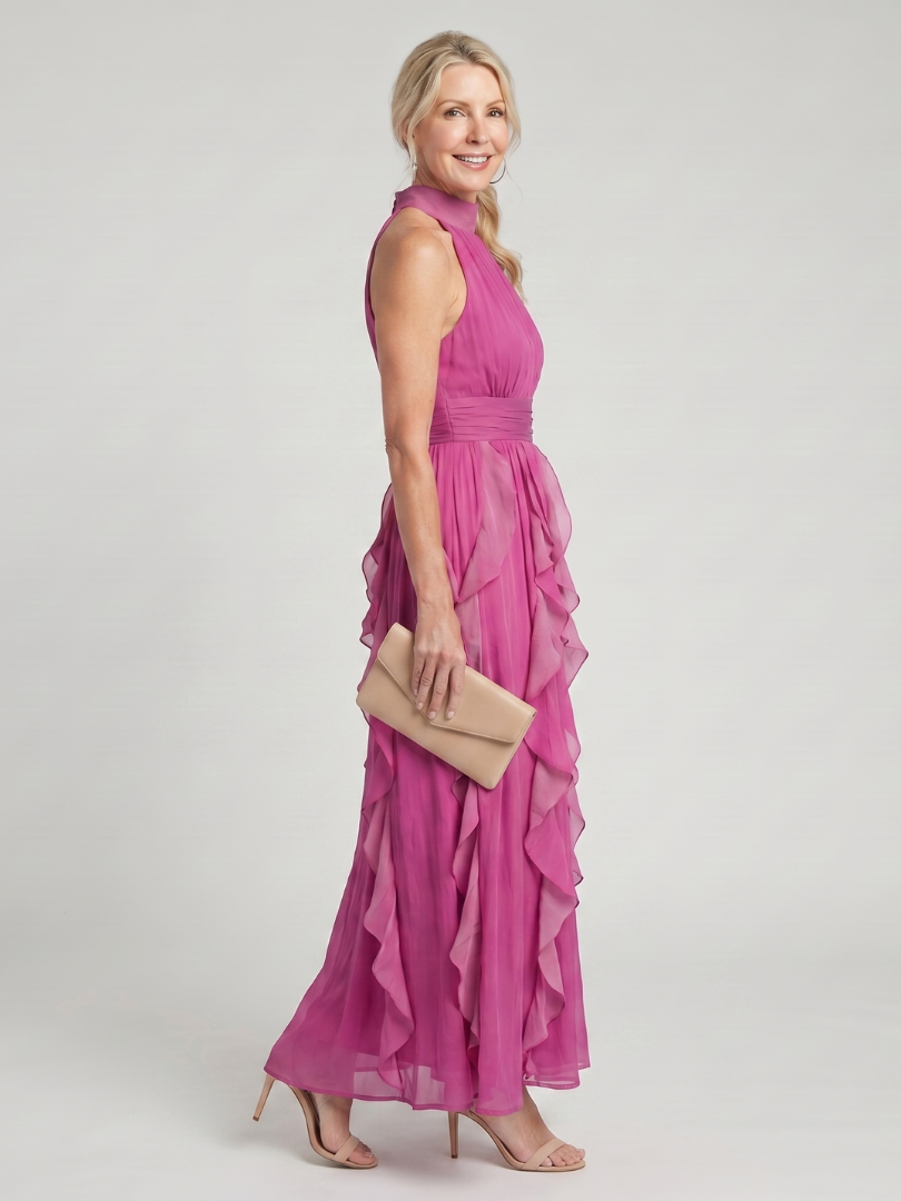 Orea | Høj Hals Samlet Ruffle Lag Maxi Kjole