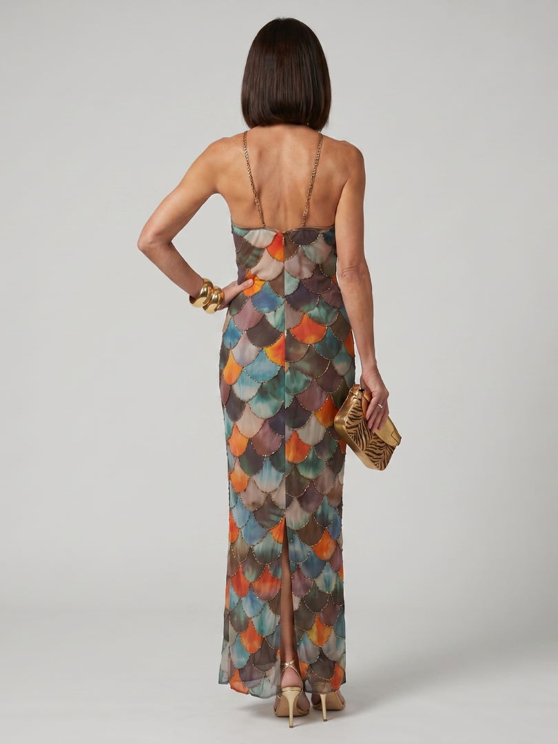 Larkin | Fitted Multicolor Scale Pattern Maxi Kjole