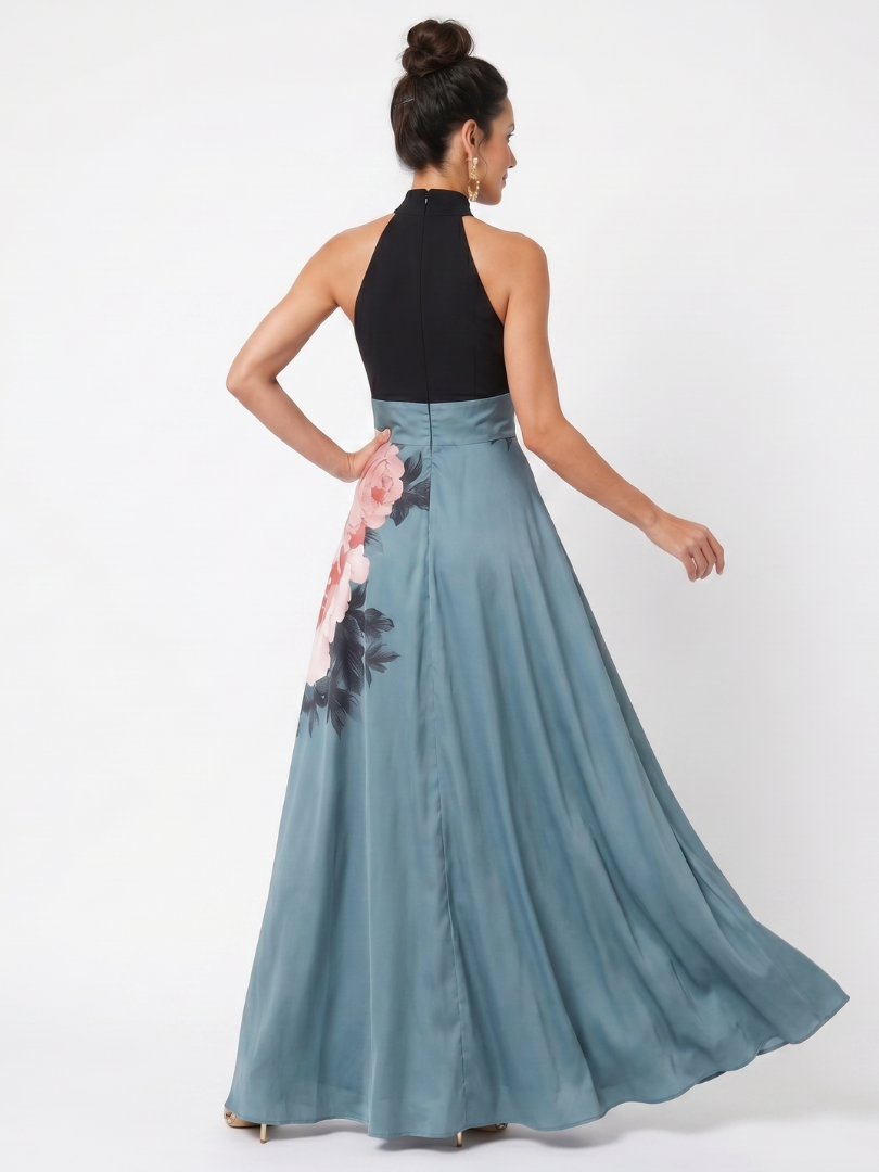 Olympas | Halter Bodice Floral Skirt Maxi Kjole