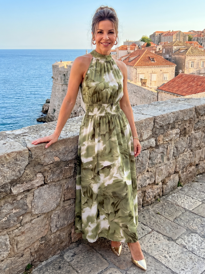 Olivia | Samlet Talje Abstrakt Print Midi Kjole