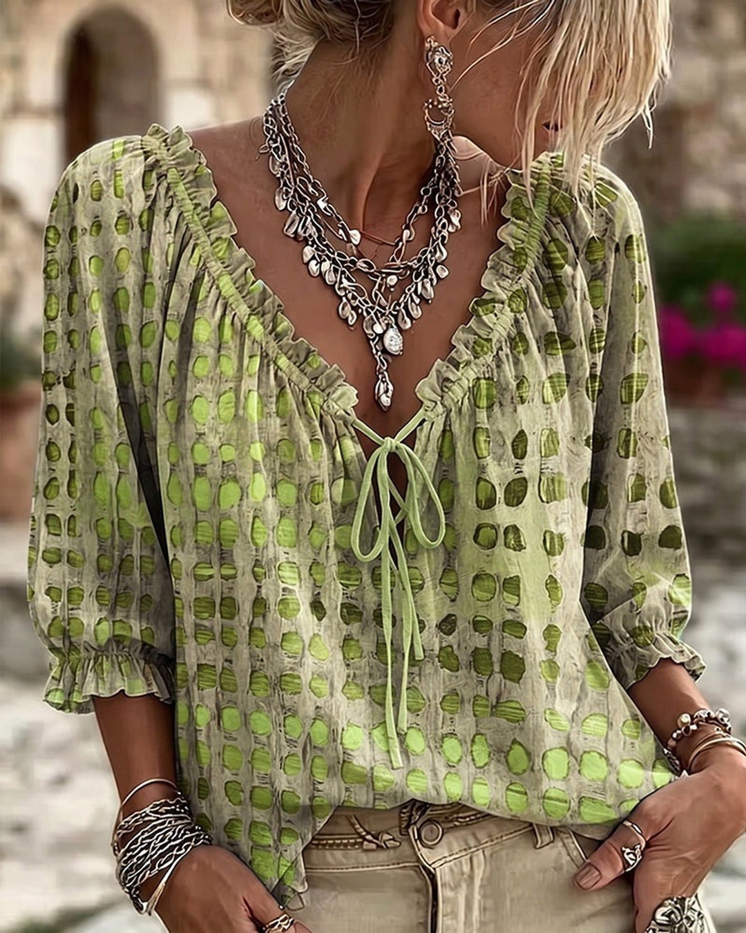 Mila | Boho Print Tie-Neck Blouse