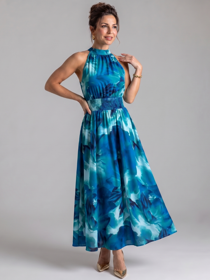 Olivia | Samlet Talje Abstrakt Print Midi Kjole