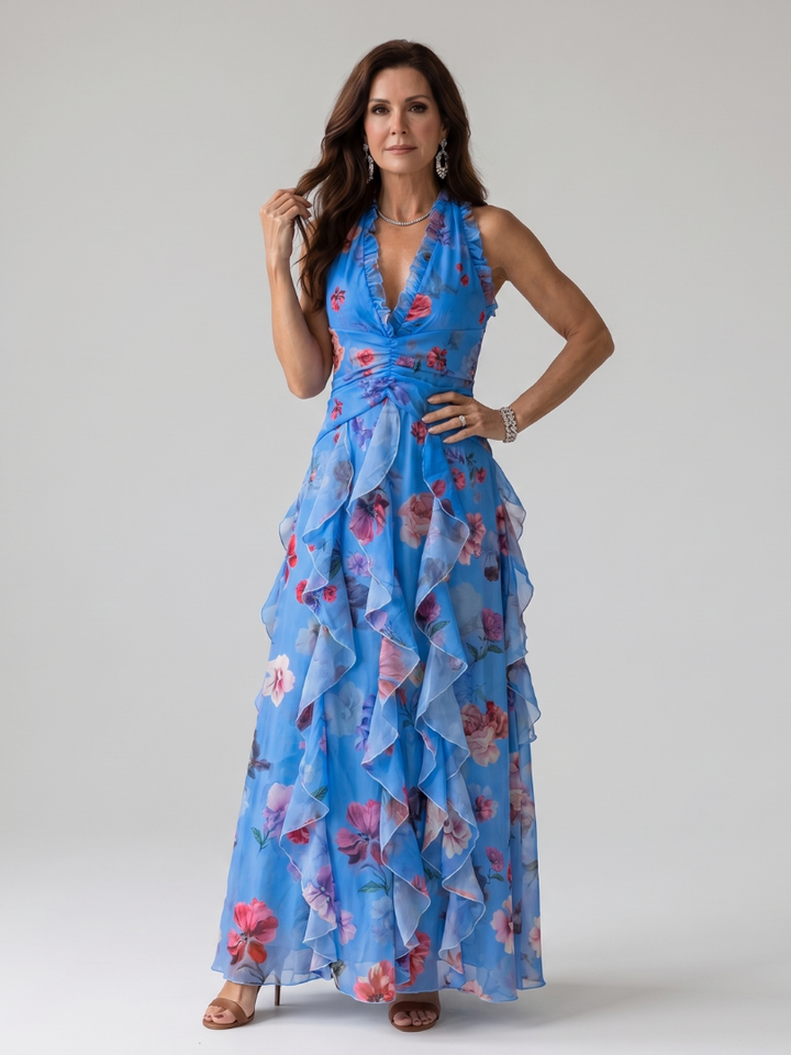 Nori | Halterneck Rynket Bodice Floral Maxi Kjole