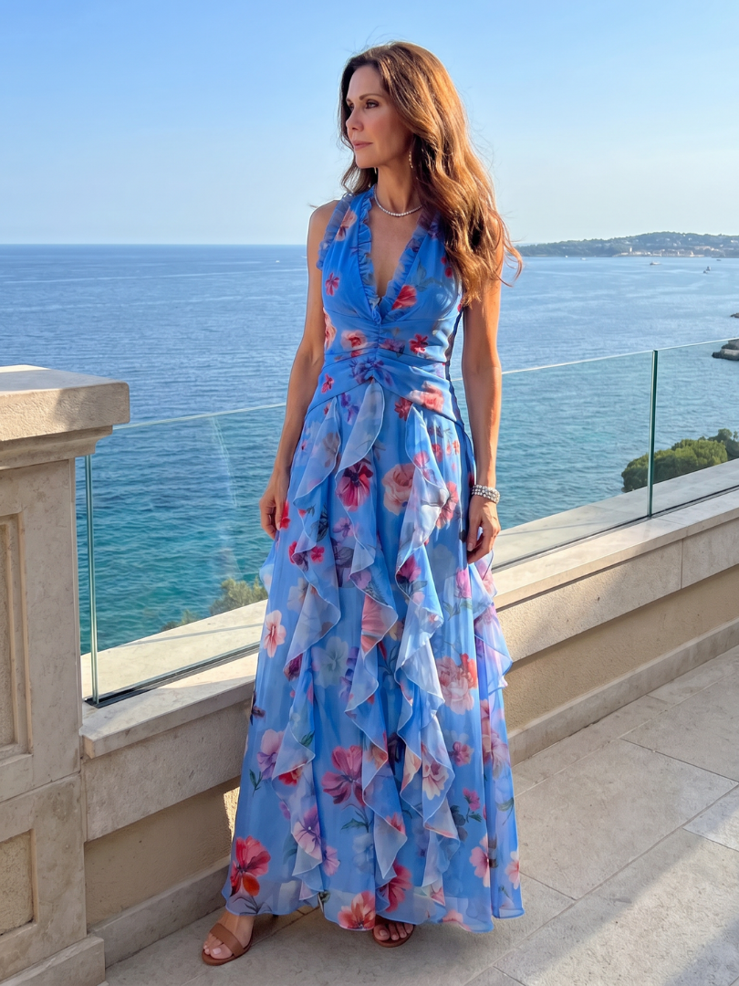 Nori | Halterneck Rynket Bodice Floral Maxi Kjole