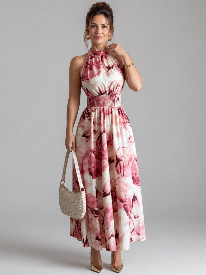 Olivia | Samlet Talje Abstrakt Print Midi Kjole