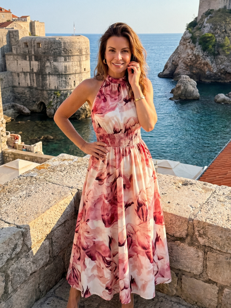 Olivia | Samlet Talje Abstrakt Print Midi Kjole