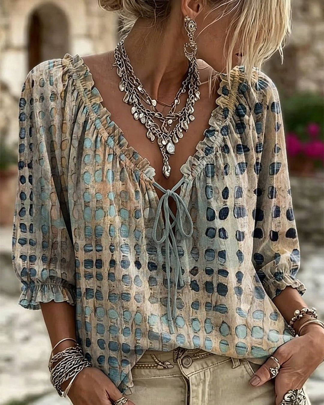 Mila | Boho Print Tie-Neck Blouse