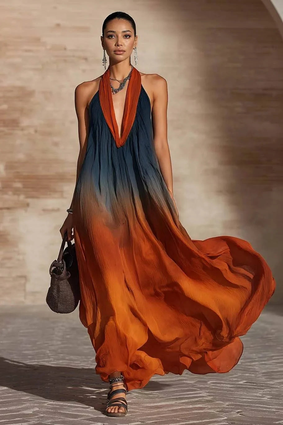 Paula | Halter/V-neck ombre maxi dress
