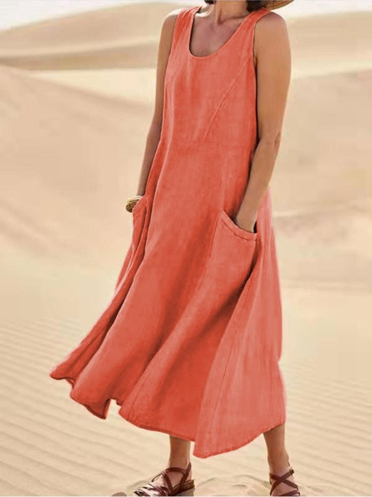 Violet | Scoop-Neck Sleeveless Midi Dress with Pockets