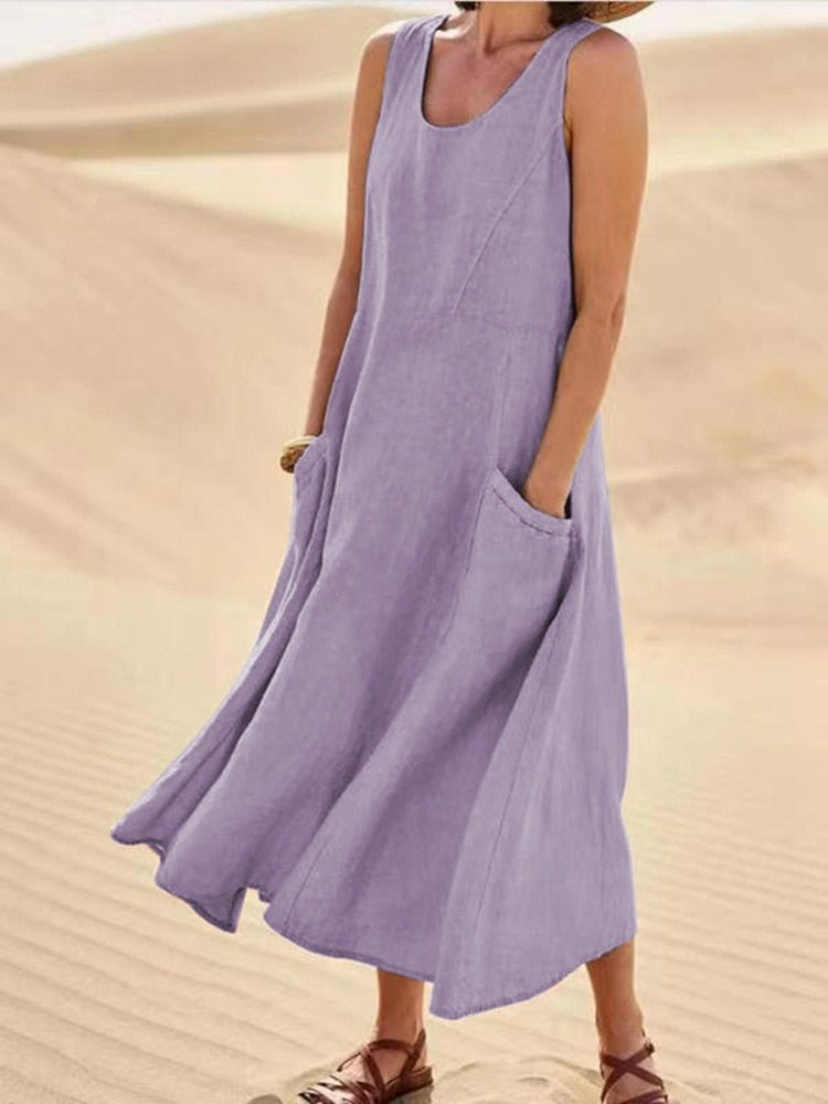 Violet | Scoop-Neck Sleeveless Midi Dress with Pockets