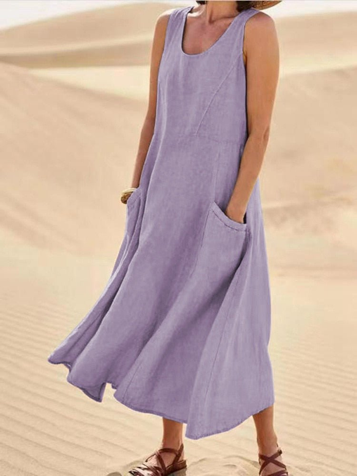 Violet | Scoop-Neck Sleeveless Midi Dress with Pockets