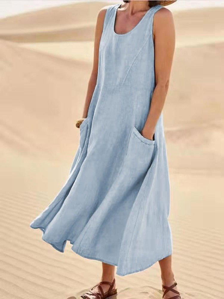 Violet | Scoop-Neck Sleeveless Midi Dress with Pockets
