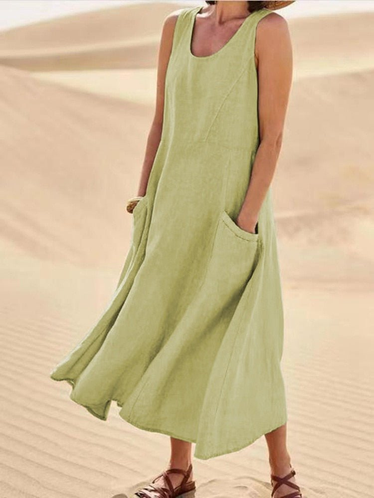 Violet | Scoop-Neck Sleeveless Midi Dress with Pockets