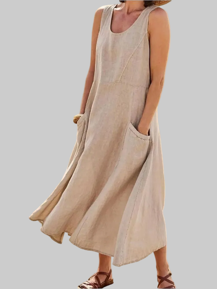 Violet | Scoop-Neck Sleeveless Midi Dress with Pockets