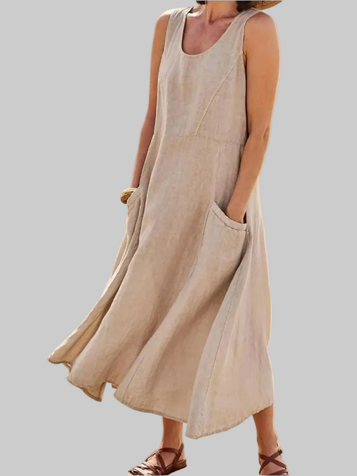 Violet | Scoop-Neck Sleeveless Midi Dress with Pockets