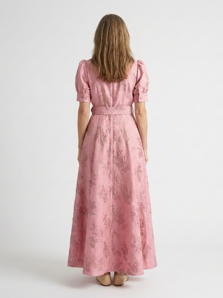 Xanthea | Short Sleeve Belted Floral Textured Maxi Shirt Dress