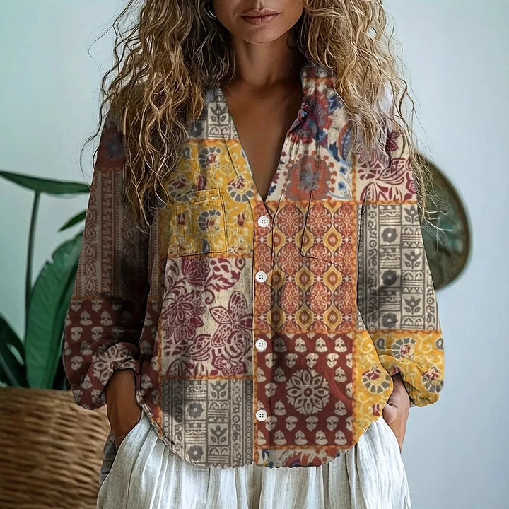 Women's Vintage Floral Print V-Neck Blouse