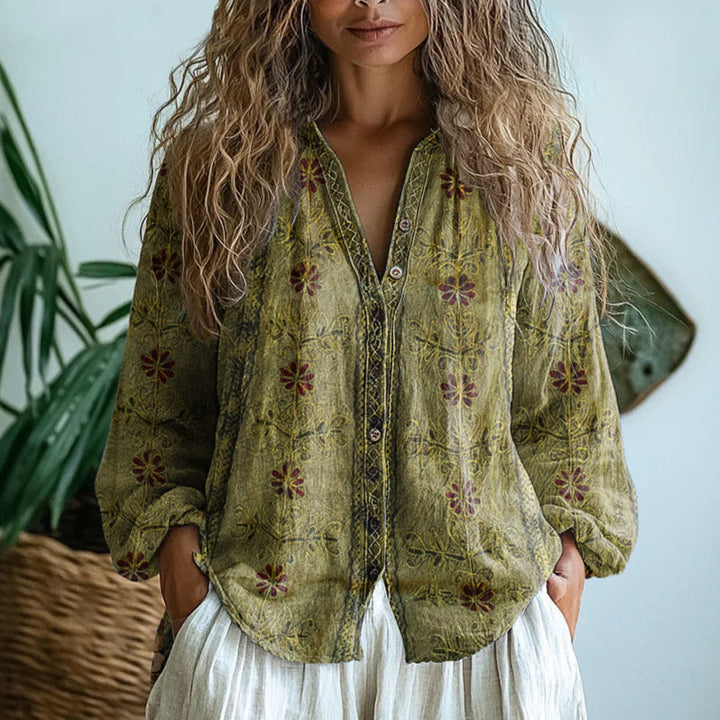 Women's Vintage Floral Print V-Neck Blouse