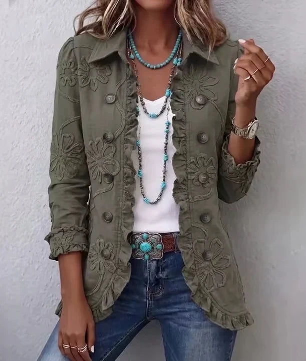 Alessandra | Boho-chic embroidered jacket with ruffled trim