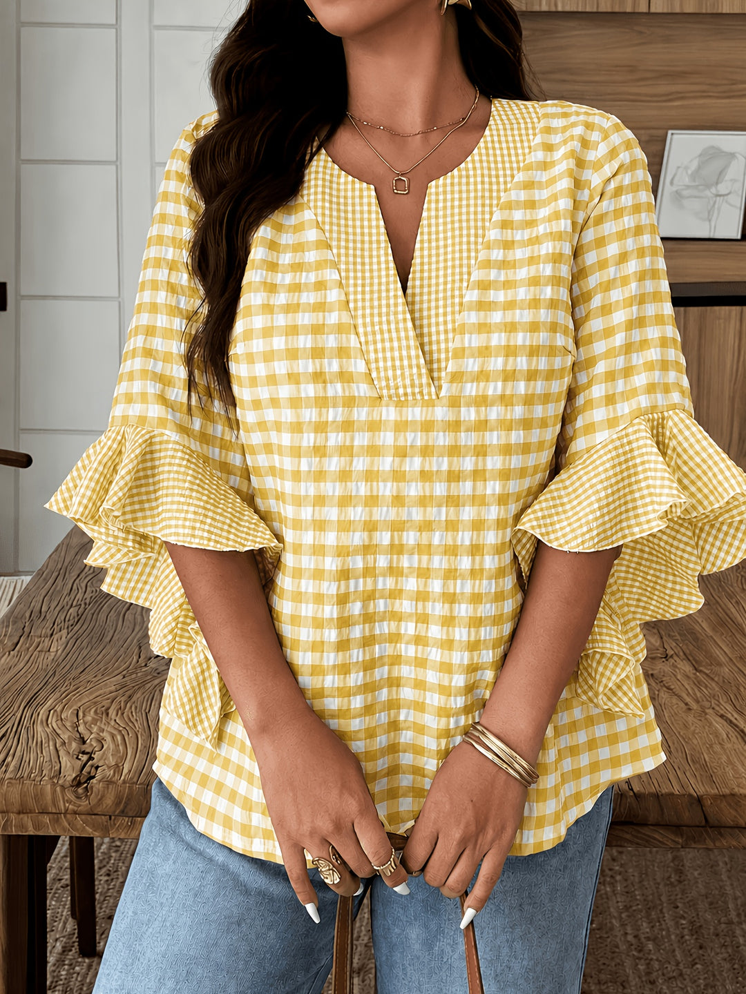 Poppy | Gingham Blouse with Flutter Sleeves