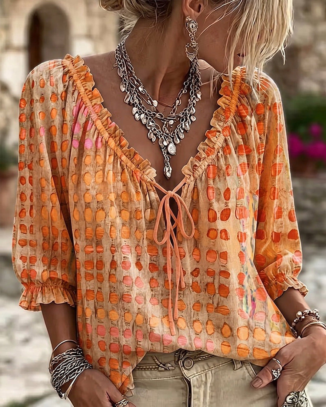 Mila | Boho Print Tie-Neck Blouse