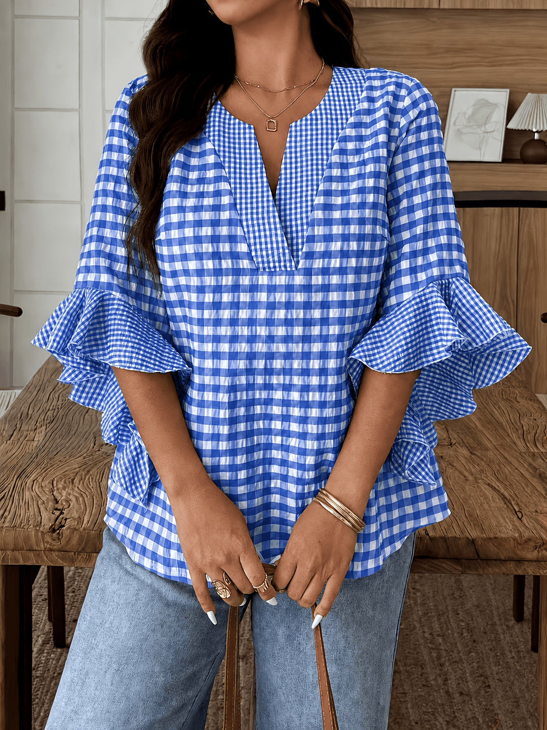 Poppy | Gingham Blouse with Flutter Sleeves
