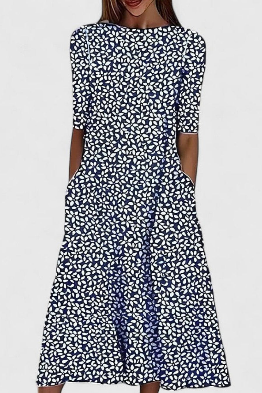 Amelie | Women's A-line Floral Round Neck Midi Dress